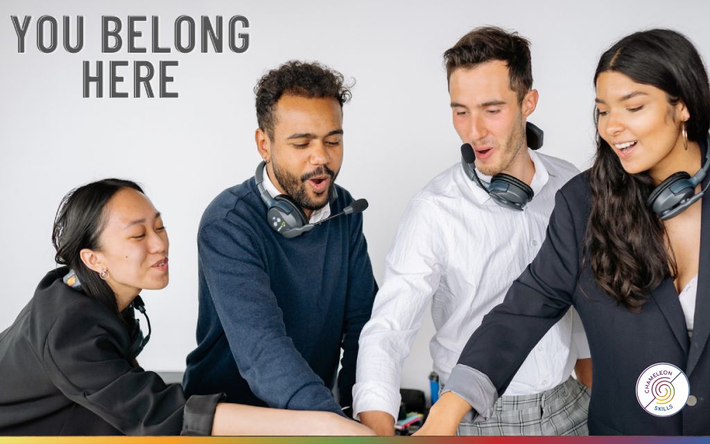 Diverse colleagues working together, representing workplace belonging, inclusion and strong team relationships.